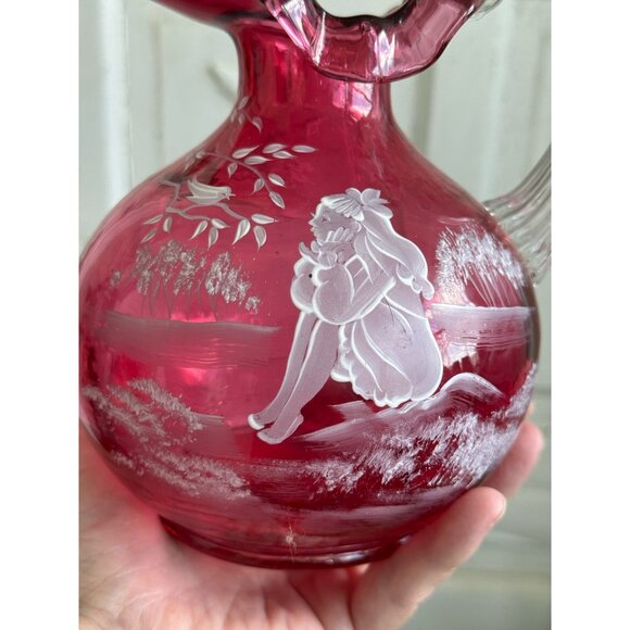 Vintage 90's Fenton Cranberry Ruffle Pitcher Mary Gregory Little Girl - Picture 3 of 11